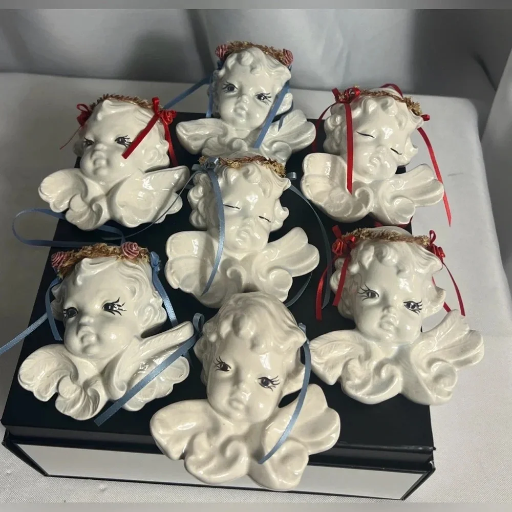 Vintage Scioto Ceramic Angel Face Ornaments Set of 7 – 1981 Wall or Tree Décor